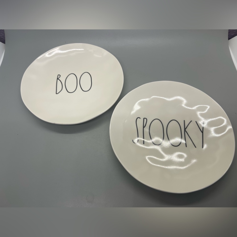 Rae Dunn Halloween Plate Set of 2 “Spooky” “Boo” White w Black Melamine